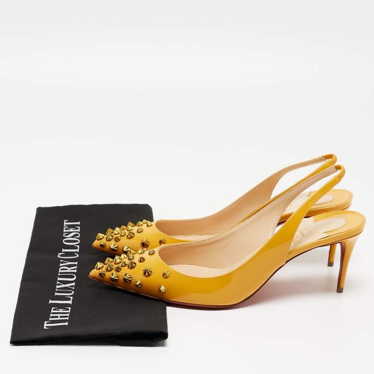 Pre Owned Christian Louboutin Yellow Patent Drama Sing 100 Spike Slingback Pumps Size 39