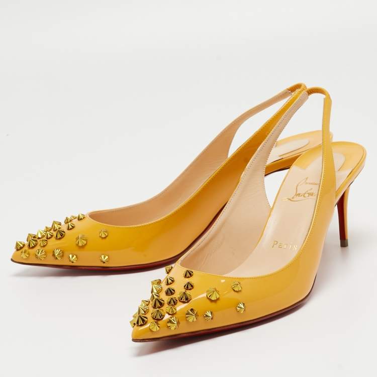 Pre Owned Christian Louboutin Yellow Patent Drama Sing 100 Spike Slingback Pumps Size 39