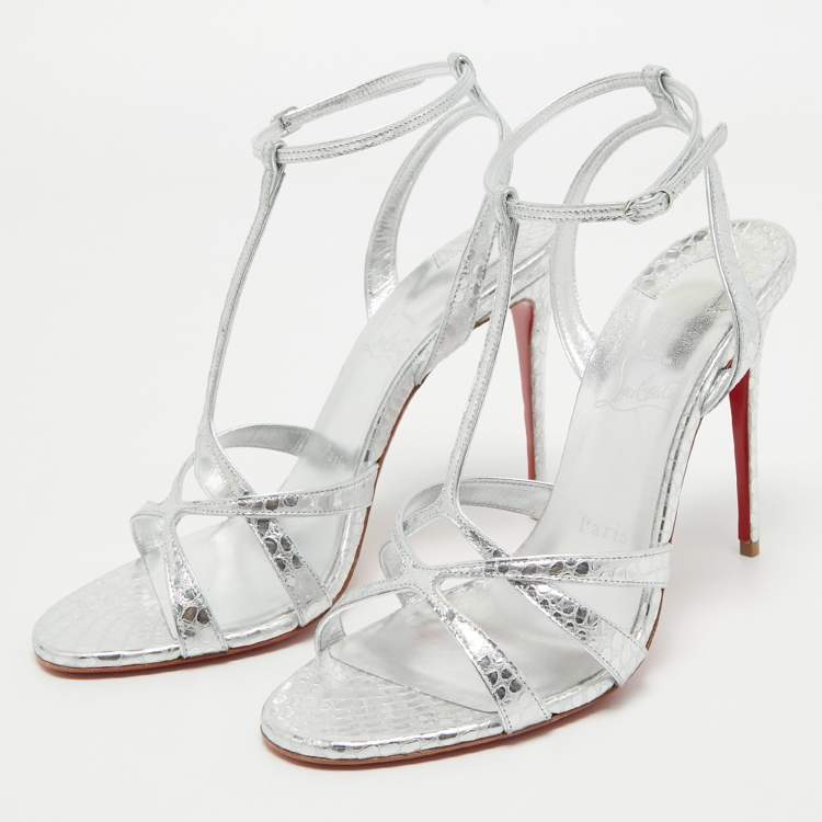 Pre Owned Christian Louboutin Silver Textured Leather Tangueva Sandals Size 39