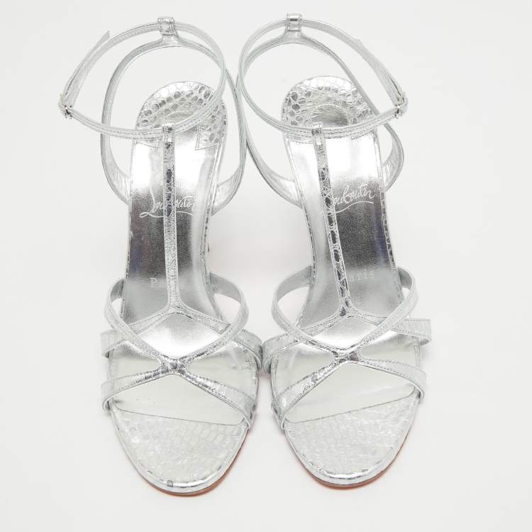 Pre Owned Christian Louboutin Silver Textured Leather Tangueva Sandals Size 39