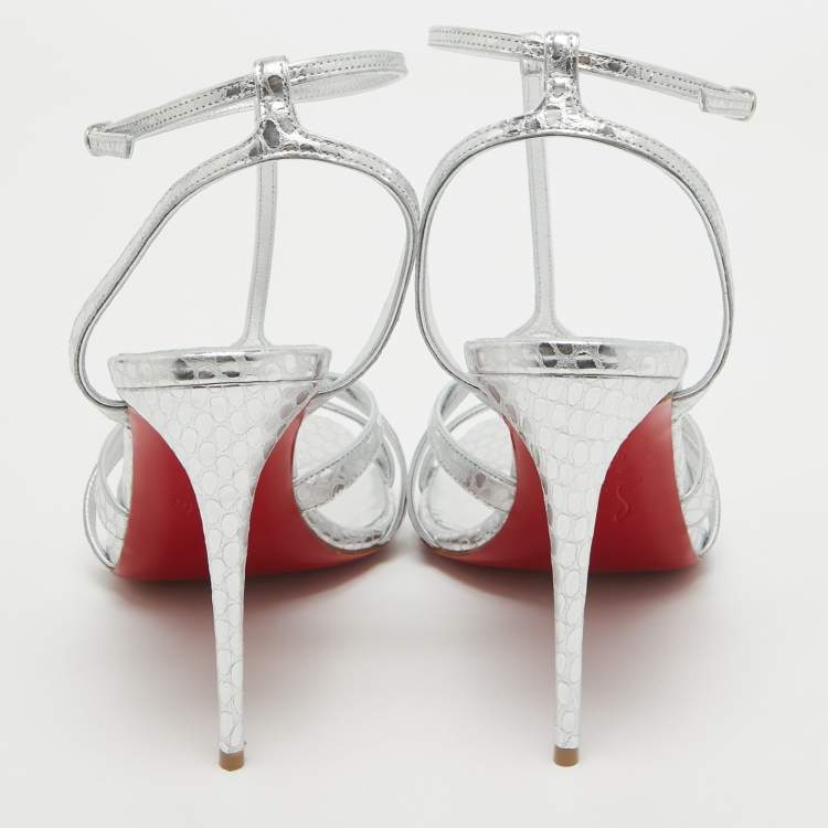 Pre Owned Christian Louboutin Silver Textured Leather Tangueva Sandals Size 39