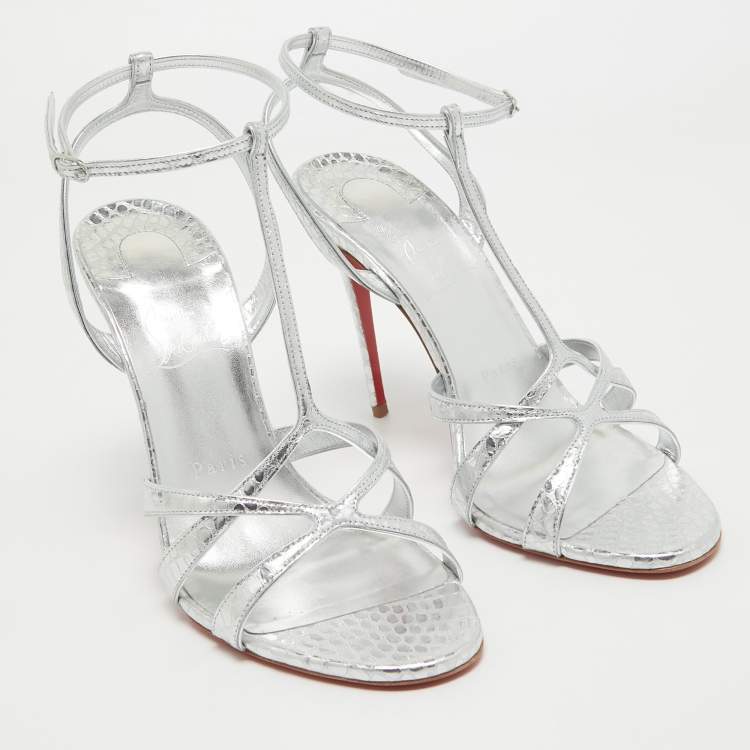 Pre Owned Christian Louboutin Silver Textured Leather Tangueva Sandals Size 39