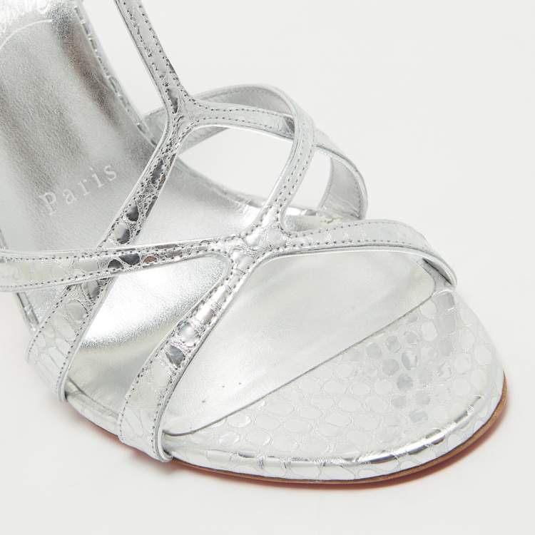 Pre Owned Christian Louboutin Silver Textured Leather Tangueva Sandals Size 39