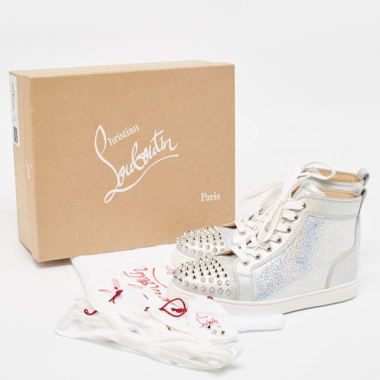 Pre Owned Christian Louboutin Metallic Leather and Glitter Suede Lou Spikes Sneakers Size 39