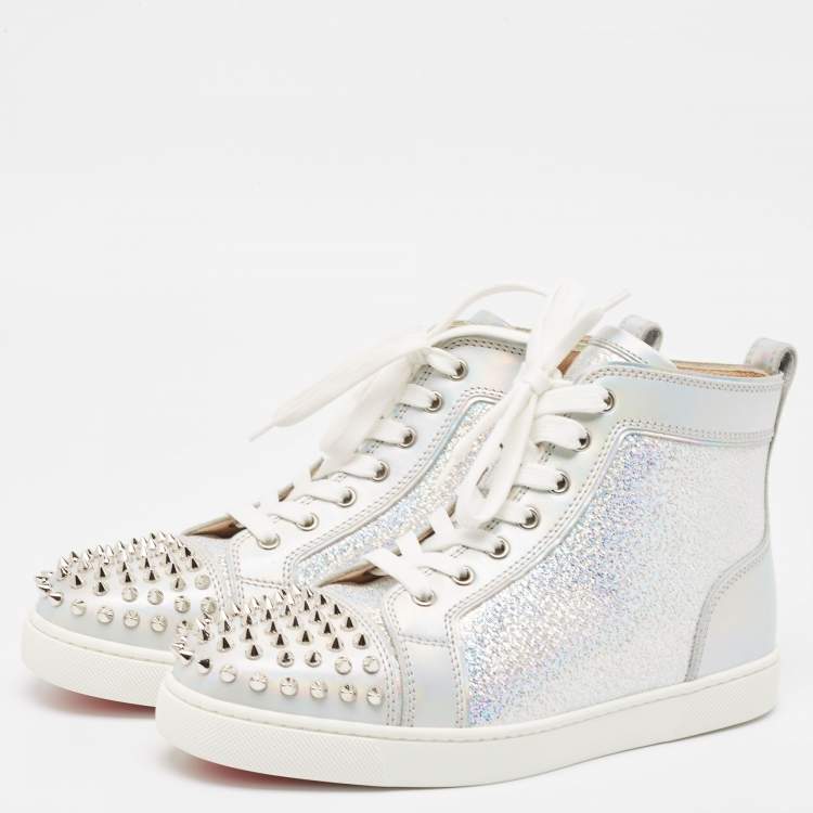 Pre Owned Christian Louboutin Metallic Leather and Glitter Suede Lou Spikes Sneakers Size 39