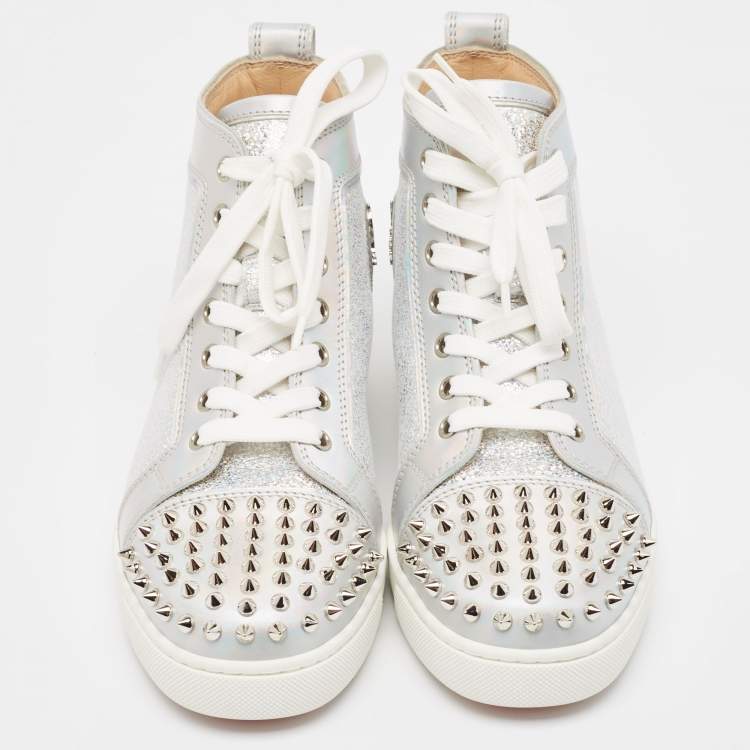 Pre Owned Christian Louboutin Metallic Leather and Glitter Suede Lou Spikes Sneakers Size 39