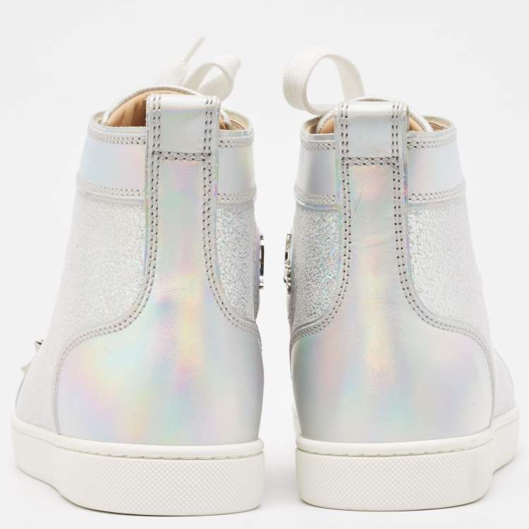 Pre Owned Christian Louboutin Metallic Leather and Glitter Suede Lou Spikes Sneakers Size 39