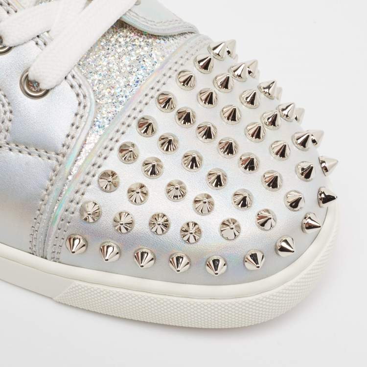 Pre Owned Christian Louboutin Metallic Leather and Glitter Suede Lou Spikes Sneakers Size 39