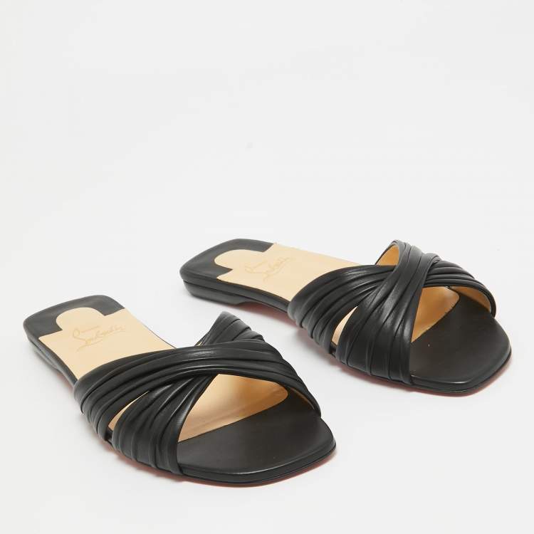 Pre Owned Christian Louboutin Black Leather Nicol Flat Slides Size 38