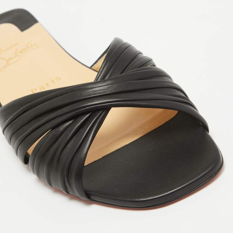 Pre Owned Christian Louboutin Black Leather Nicol Flat Slides Size 38