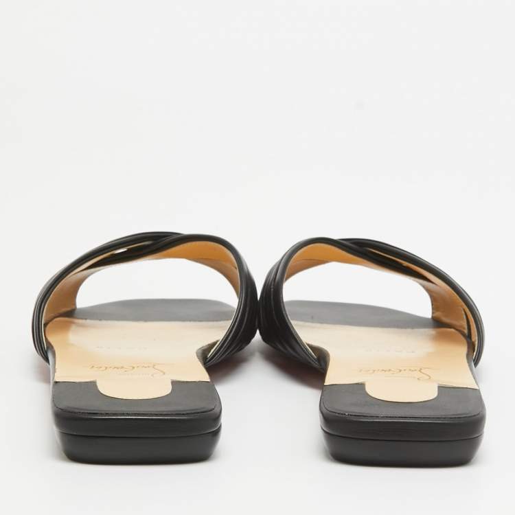 Pre Owned Christian Louboutin Black Leather Nicol Flat Slides Size 38