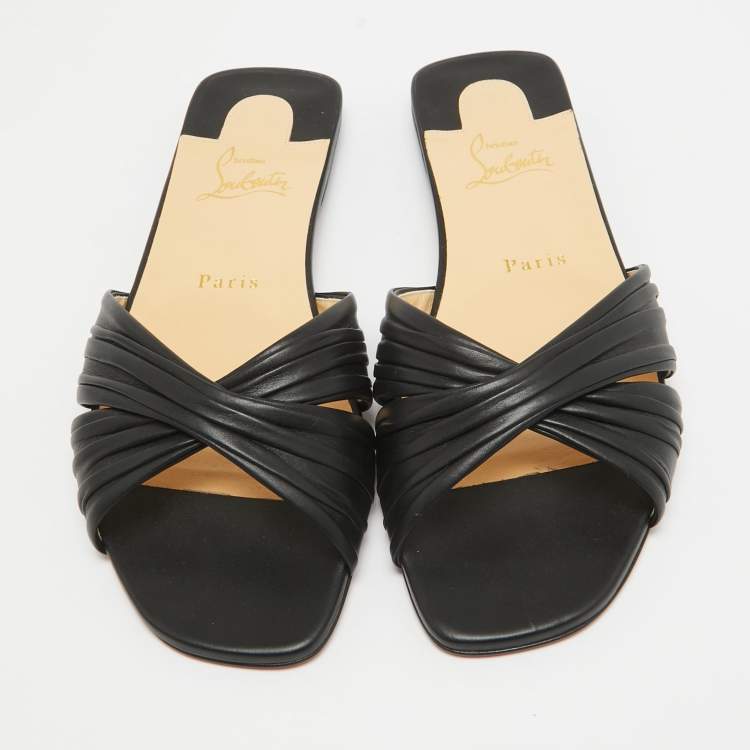 Pre Owned Christian Louboutin Black Leather Nicol Flat Slides Size 38