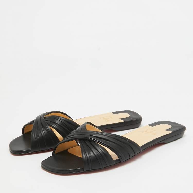 Pre Owned Christian Louboutin Black Leather Nicol Flat Slides Size 38