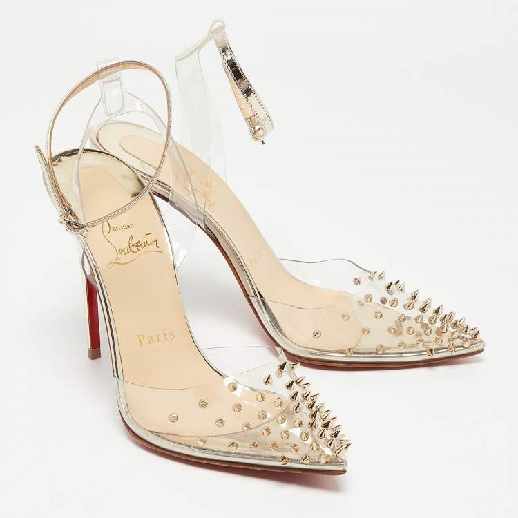 Pre Owned Christian Louboutin Transparent/Silver PVC and Leather Spikoo Pumps Size 36.5