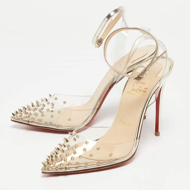 Pre Owned Christian Louboutin Transparent/Silver PVC and Leather Spikoo Pumps Size 36.5