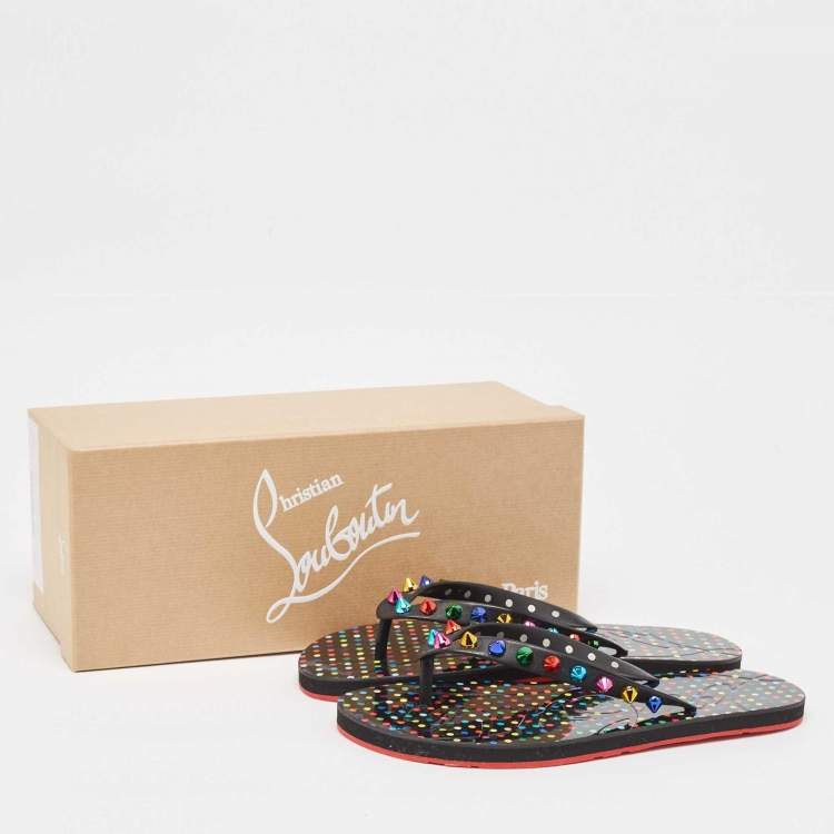 Pre Owned Christian Louboutin Multicolor Rubber Loubi Flip Spikes Thong Flats Size 38