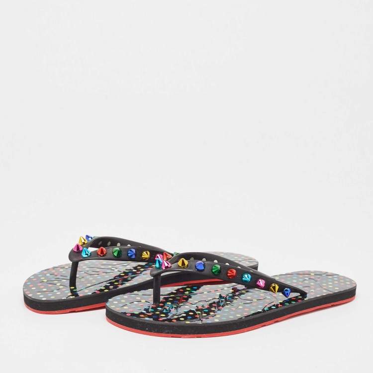 Pre Owned Christian Louboutin Multicolor Rubber Loubi Flip Spikes Thong Flats Size 38