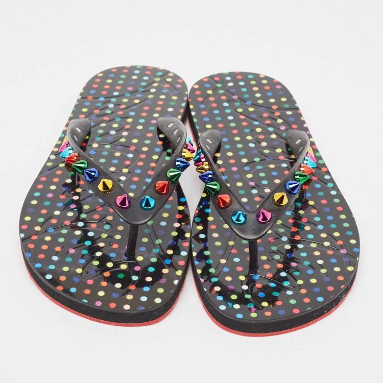 Pre Owned Christian Louboutin Multicolor Rubber Loubi Flip Spikes Thong Flats Size 38