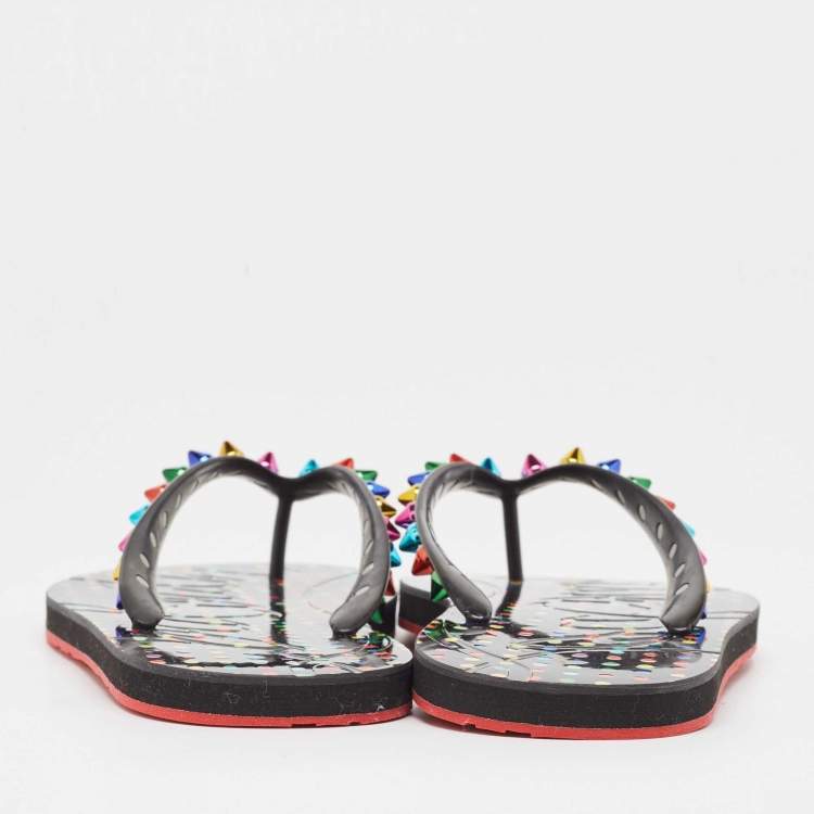 Pre Owned Christian Louboutin Multicolor Rubber Loubi Flip Spikes Thong Flats Size 38