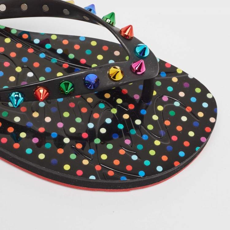 Pre Owned Christian Louboutin Multicolor Rubber Loubi Flip Spikes Thong Flats Size 38