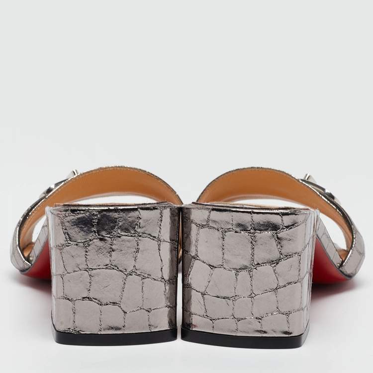 Pre Owned Christian Louboutin Silver Croc Embossed Slides Mules Size 36