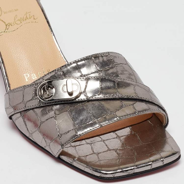 Pre Owned Christian Louboutin Silver Croc Embossed Slides Mules Size 36