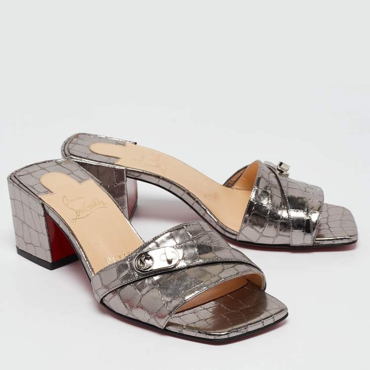 Pre Owned Christian Louboutin Silver Croc Embossed Slides Mules Size 36