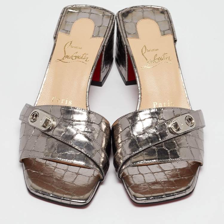 Pre Owned Christian Louboutin Silver Croc Embossed Slides Mules Size 36
