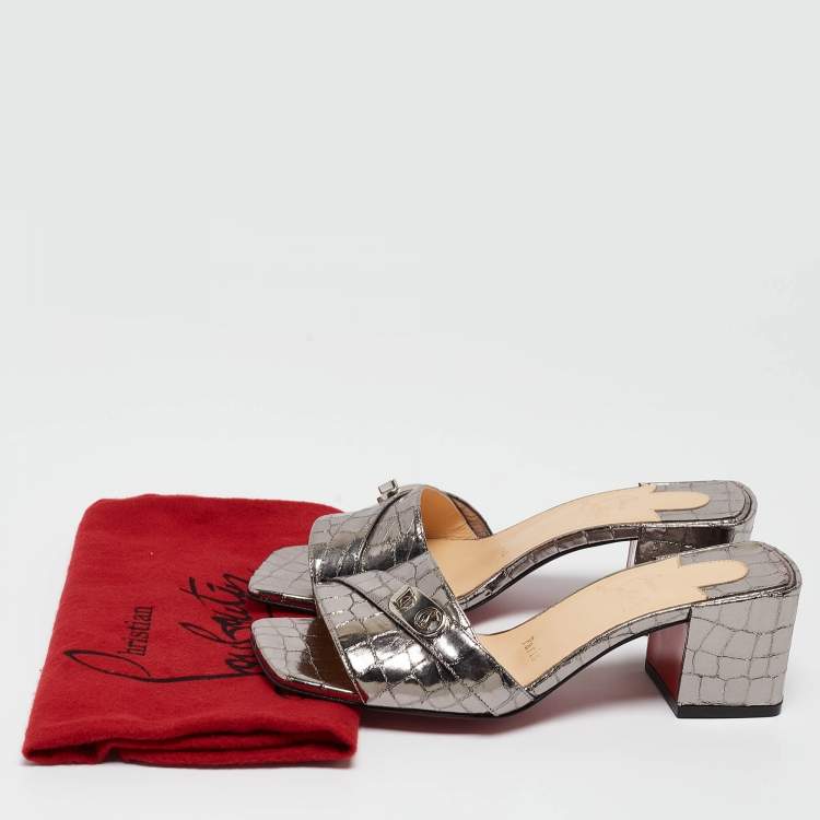 Pre Owned Christian Louboutin Silver Croc Embossed Slides Mules Size 36