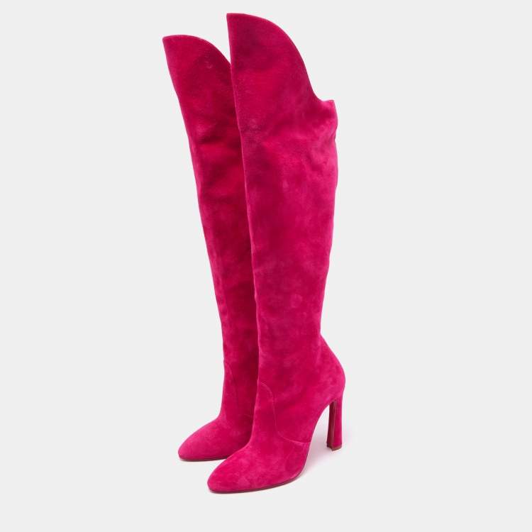 Pre Owned Christian Louboutin Pink Suede Knee Length Boots Size 38 