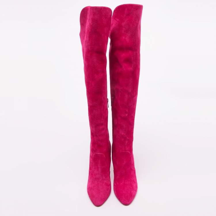 Pre Owned Christian Louboutin Pink Suede Knee Length Boots Size 38 