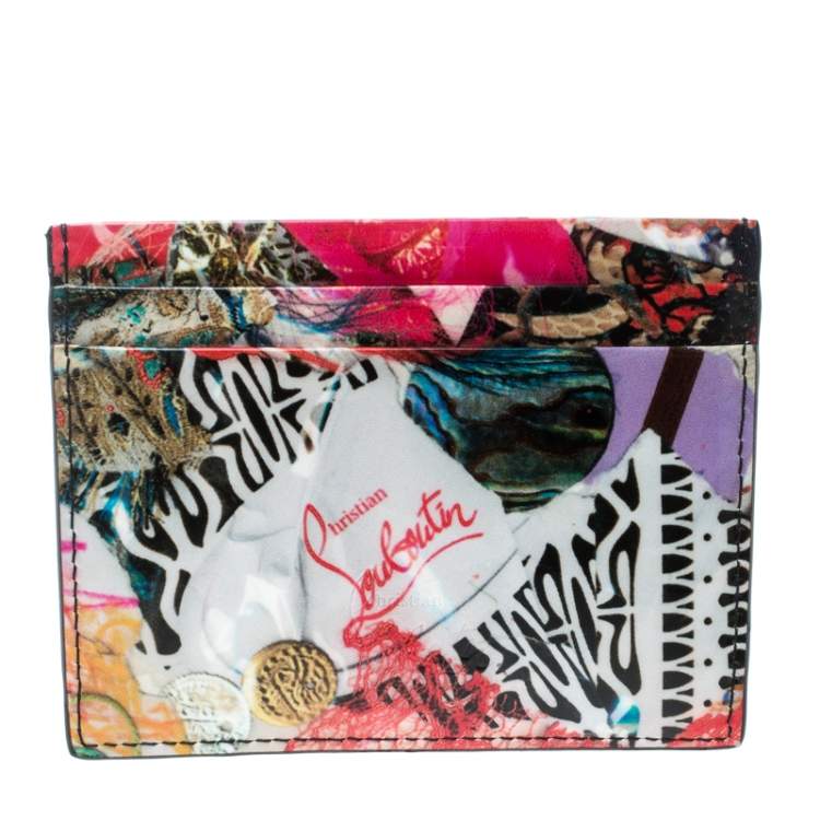Pre Owned Christian Louboutin Multicolor Trash Print Patent Leather Kios Spiked Card Holder