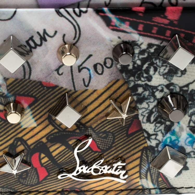 Pre Owned Christian Louboutin Multicolor Trash Print Patent Leather Kios Spiked Card Holder