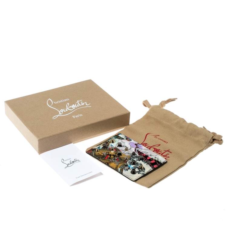 Pre Owned Christian Louboutin Multicolor Trash Print Patent Leather Kios Spiked Card Holder