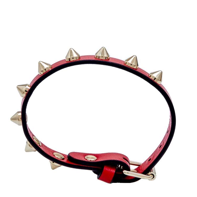 Pre Owned Christian Louboutin Louibilink Stud Gold Tone Metal Red Leather Bracelet
