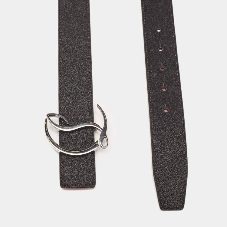 Pre Owned Christian Louboutin Black Glitter Logo CL Logo Belt 85CM