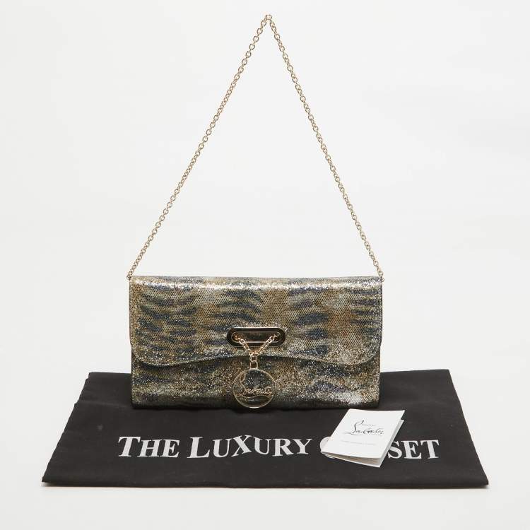 Pre Owned Christian Louboutin Gold/Blue Printed Glitter Riviera Clutch Bag