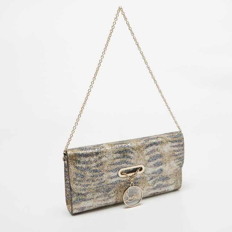 Pre Owned Christian Louboutin Gold/Blue Printed Glitter Riviera Clutch Bag