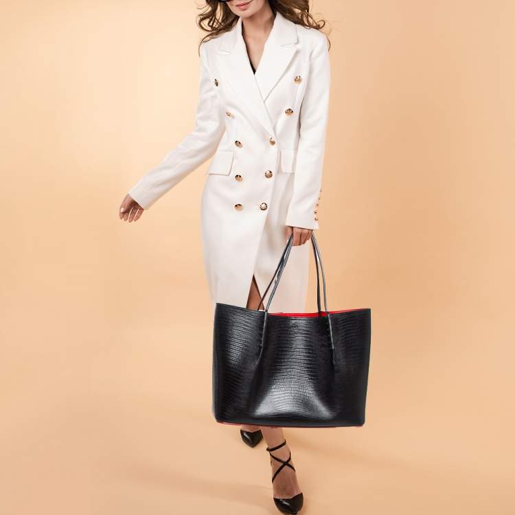 Pre Owned Christian Louboutin Black Lizard Embossed Leather Cabarock Shopper Tote