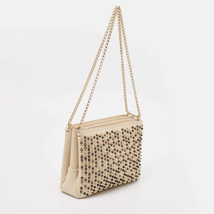Pre Owned Christian Louboutin Beige Leather Large Triloubi Spiked Shoulder Bag