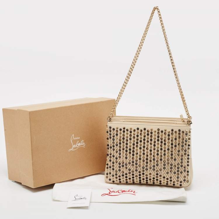 Pre Owned Christian Louboutin Beige Leather Large Triloubi Spiked Shoulder Bag