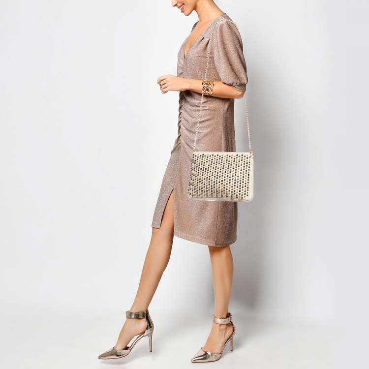 Pre Owned Christian Louboutin Beige Leather Large Triloubi Spiked Shoulder Bag