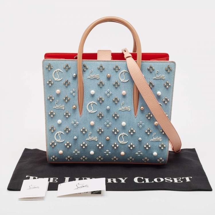 Pre Owned Christian Louboutin Multicolor Denim and Leather Mix Pearls Paloma Tote