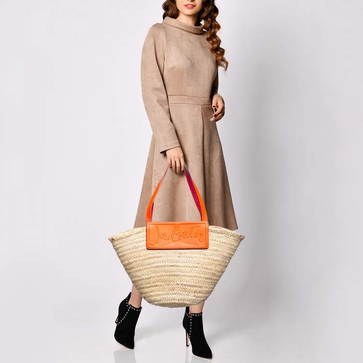 Pre Owned Christian Louboutin Orange/Beige Woven Raffia Loubishore Basket Bag