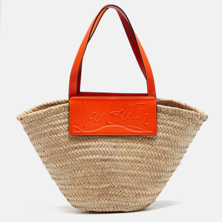 Pre Owned Christian Louboutin Orange/Beige Woven Raffia Loubishore Basket Bag