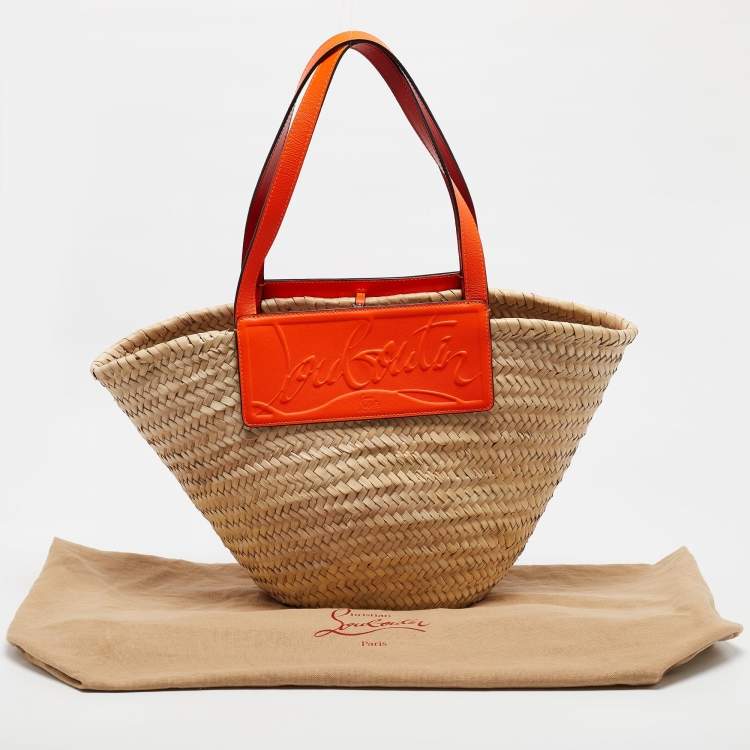 Pre Owned Christian Louboutin Orange/Beige Woven Raffia Loubishore Basket Bag