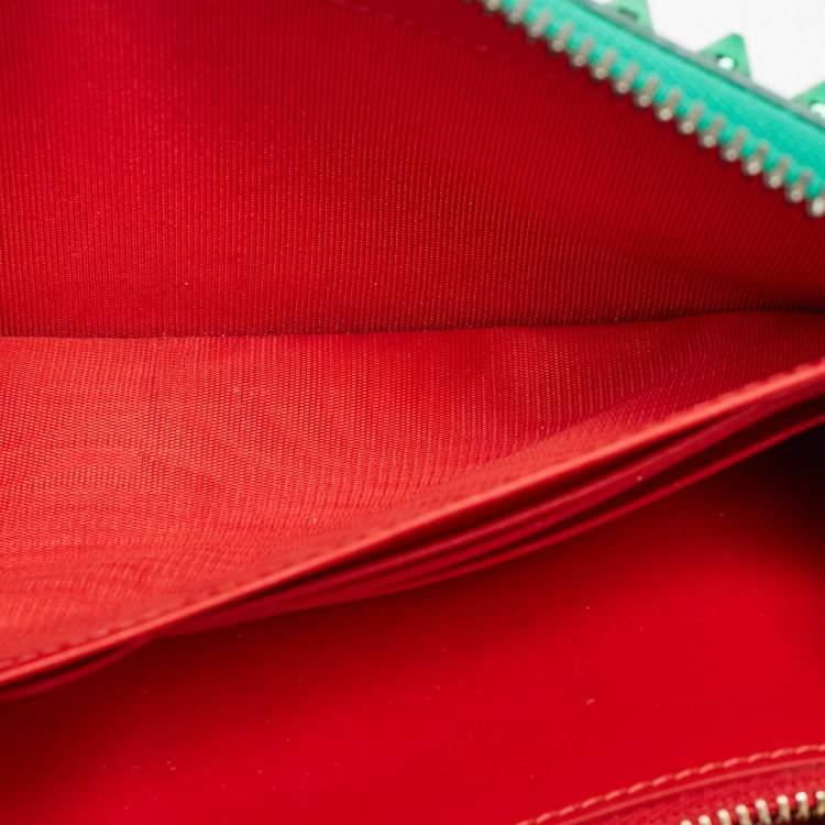 Pre Owned Christian Louboutin Green Leather Spike Studded Zip Continental Wallet