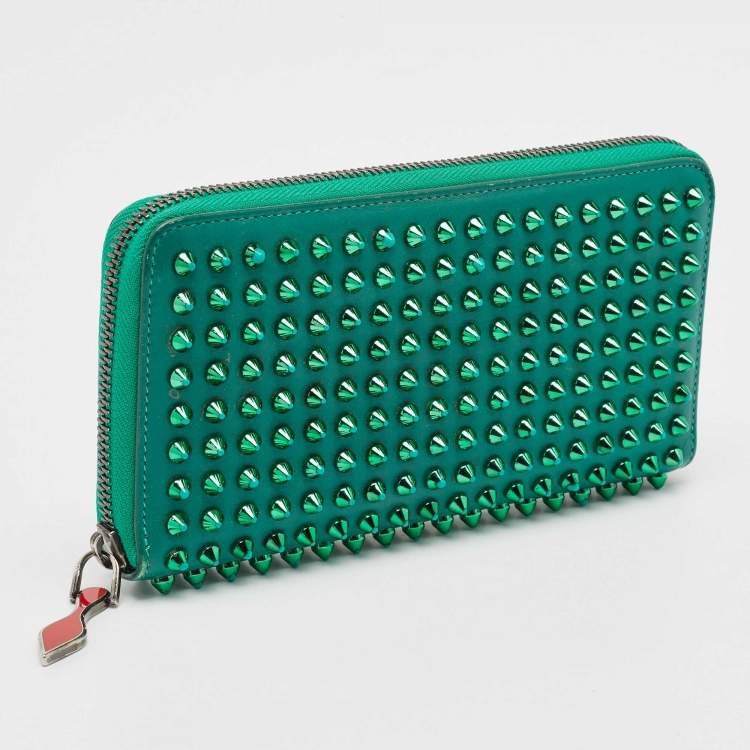 Pre Owned Christian Louboutin Green Leather Spike Studded Zip Continental Wallet