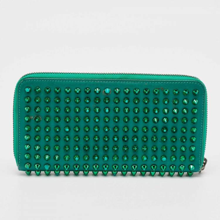 Pre Owned Christian Louboutin Green Leather Spike Studded Zip Continental Wallet