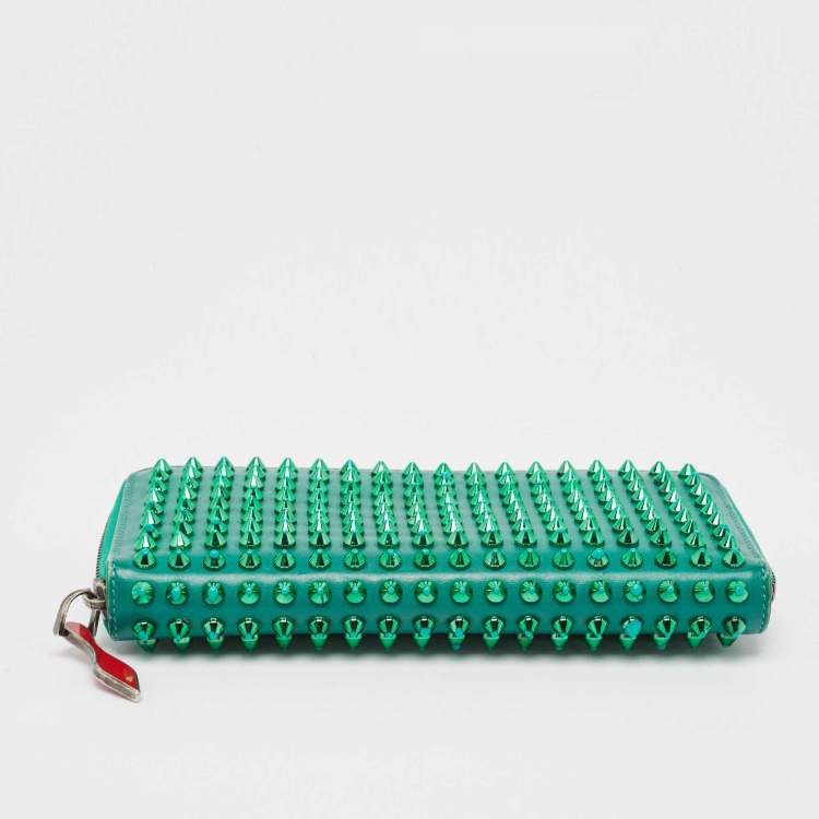 Pre Owned Christian Louboutin Green Leather Spike Studded Zip Continental Wallet